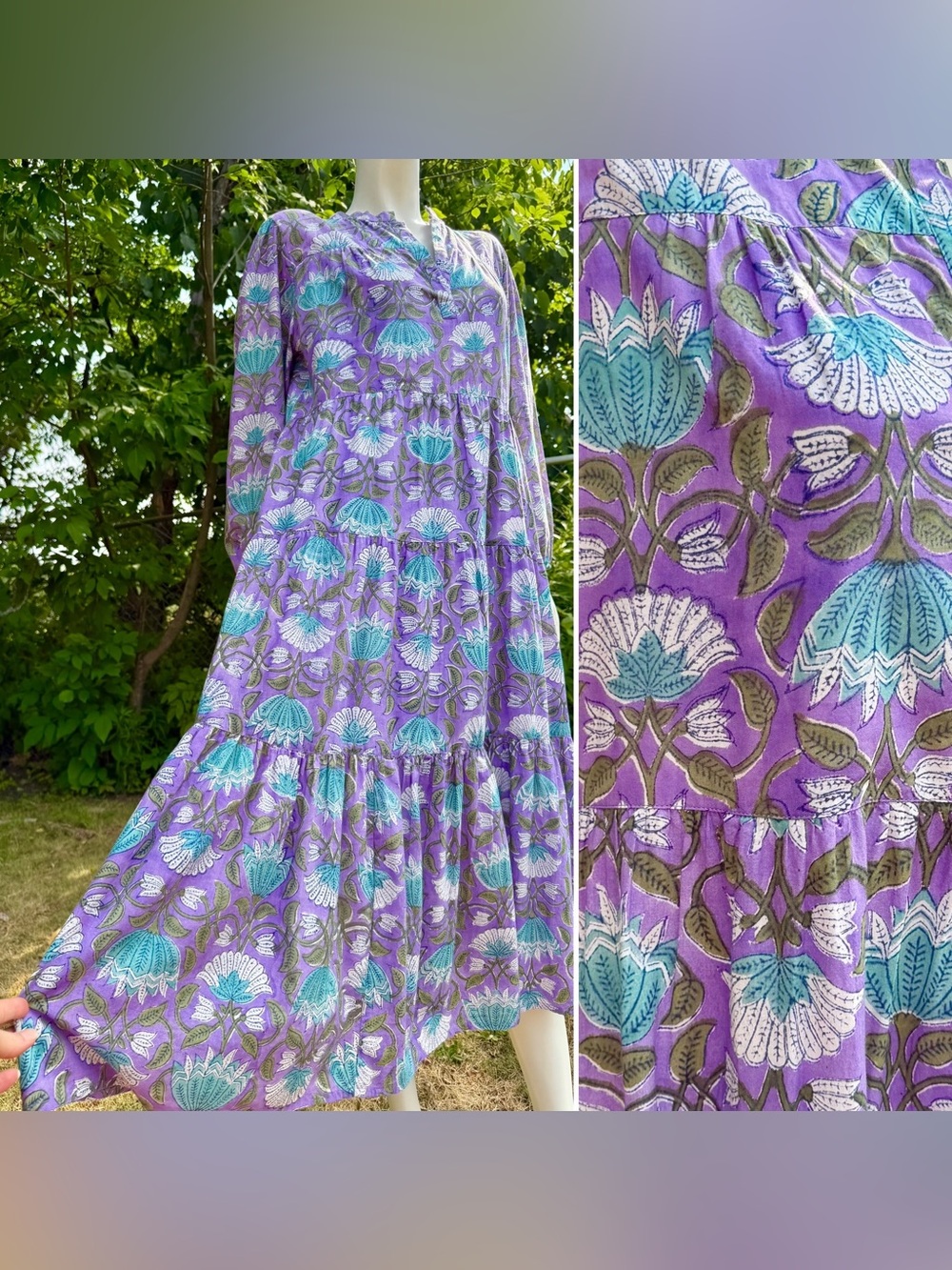 MADISON MATHEWS Lavender Floral Block Print Shirt Dress Bohemian India Purple L